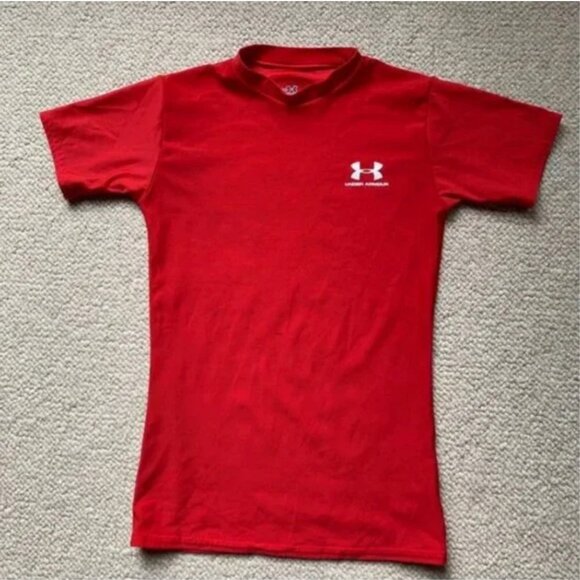 Under Armour Boys Athletic Tech Short Sleeve Base Layer Red Shirt Youth Medium - Picture 1 of 5